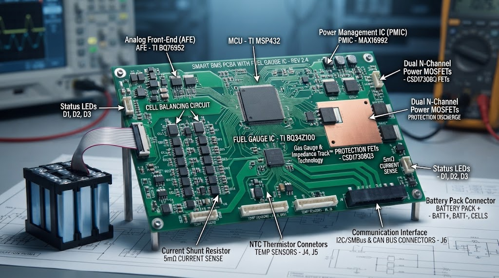 Smart BMS circuit board with fuel gauge IC