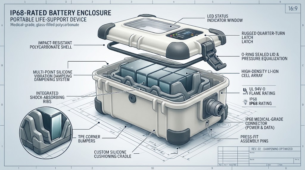 Rugged medical battery enclosure with silicone dampening
