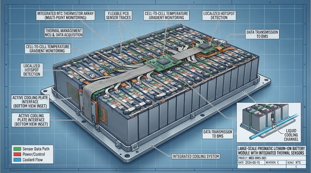 Thermal management sensor array on lithium battery cells