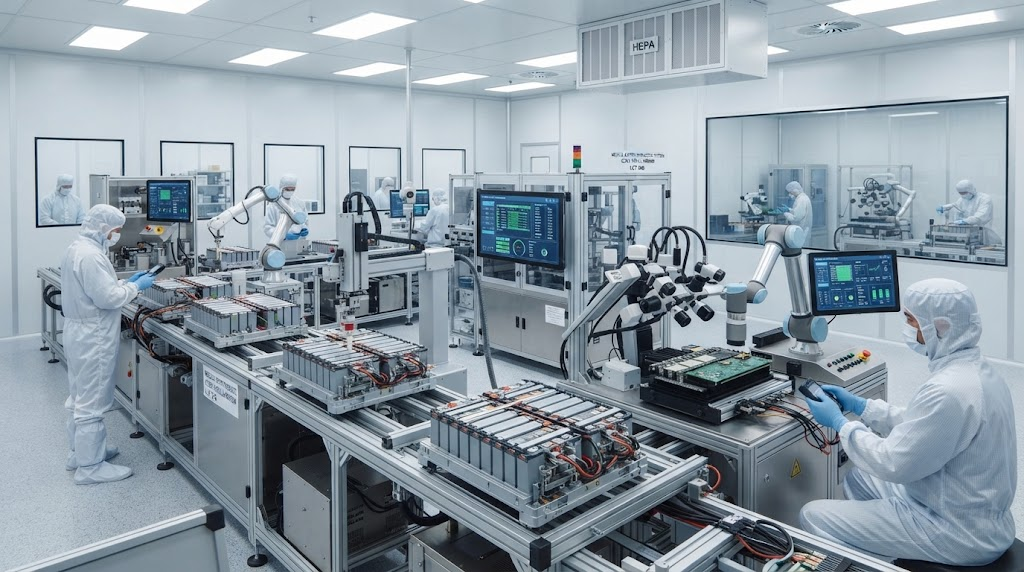 Cleanroom assembly line for lithium medical batteries