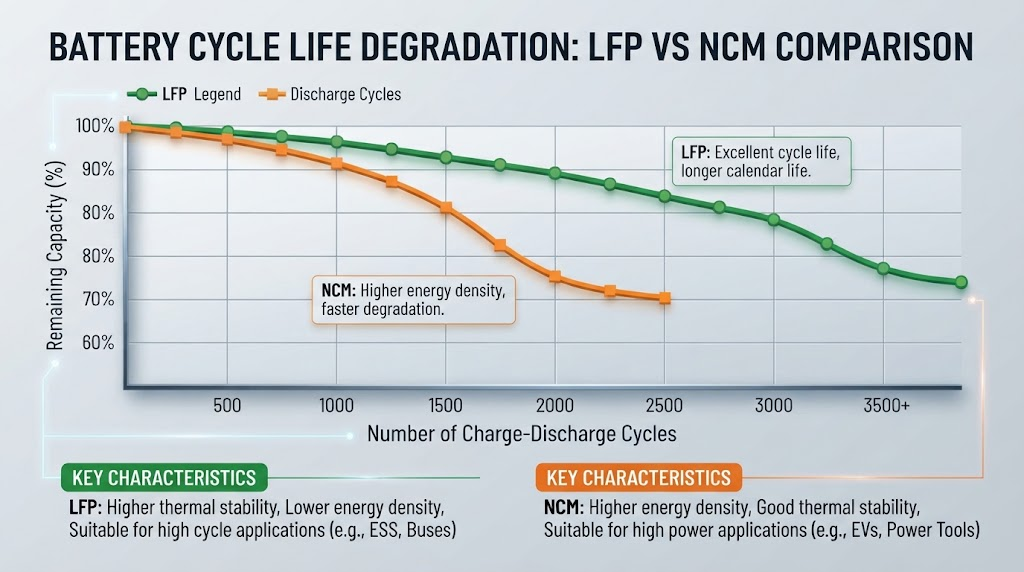 Battery degradation curves comparing LFP and NCM cycle life