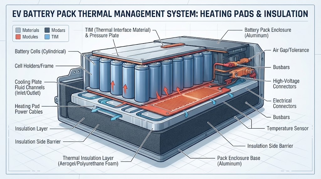 Battery heating pads and thermal insulation layer