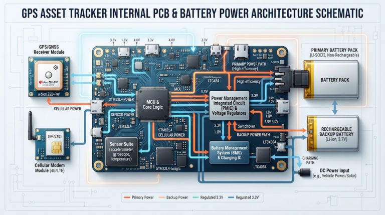 GPS asset tracker internal circuit board battery power architecture