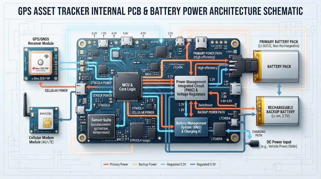GPS asset tracker internal circuit board battery power architecture