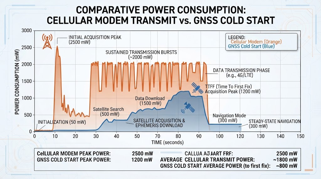 Power consumption graph comparing cellular modem transmit and GNSS cold start