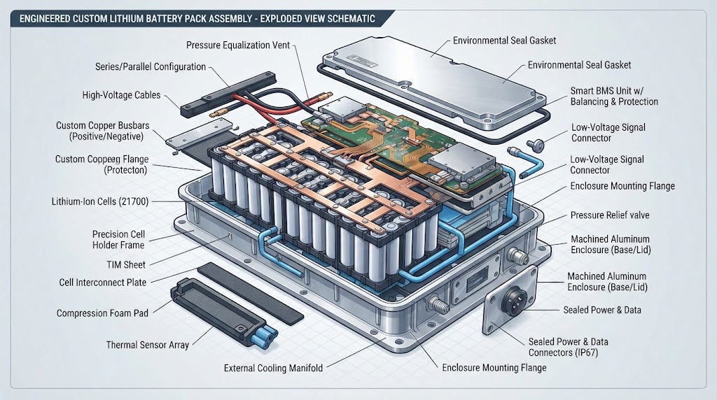 Engineered custom lithium battery pack assembly