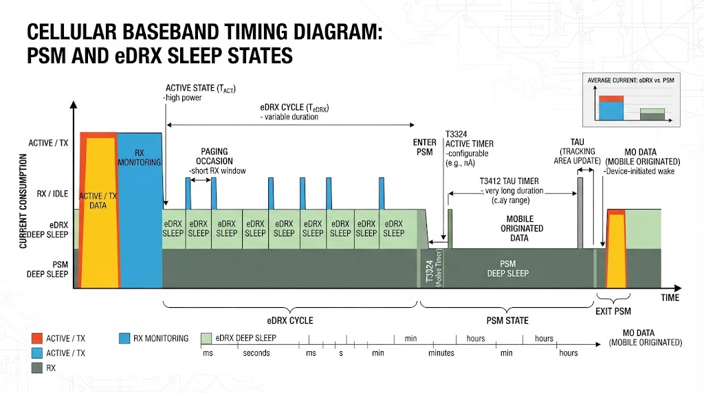 Cellular baseband timing diagram showing PSM and eDRX sleep states