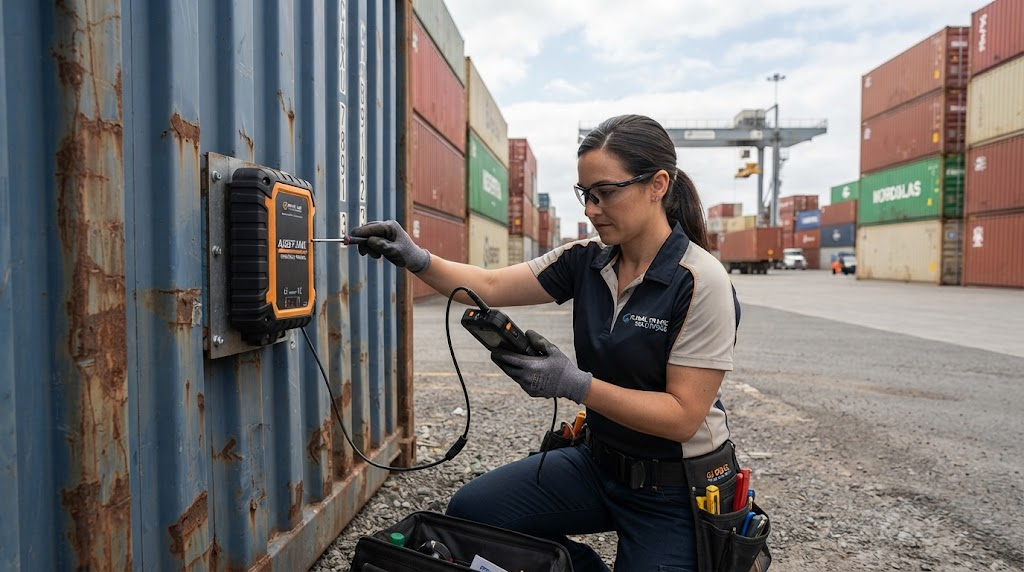 Field technician inspecting industrial GPS asset tracker on shipping container