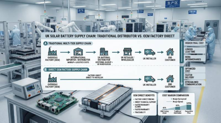 Flowchart comparing traditional multi-tier solar distributor markup versus direct OEM factory supply chain with cost margins for UK installers