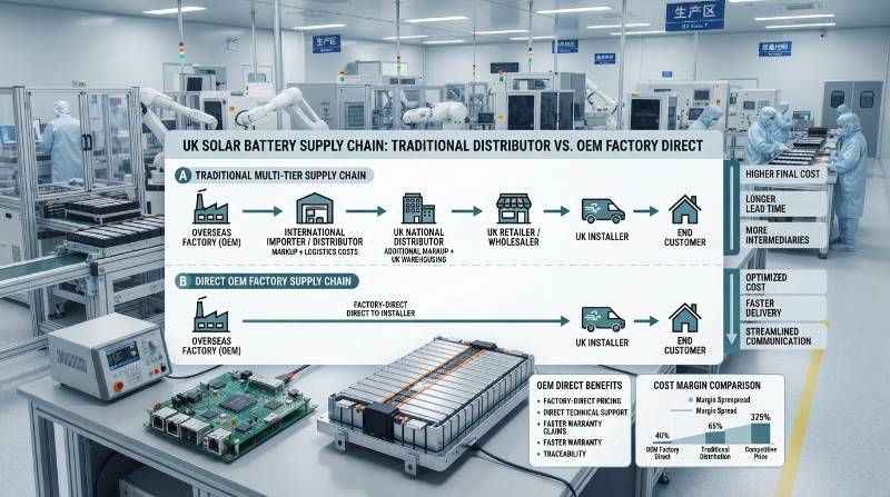 Flowchart comparing traditional multi-tier solar distributor markup versus direct OEM factory supply chain with cost margins for UK installers