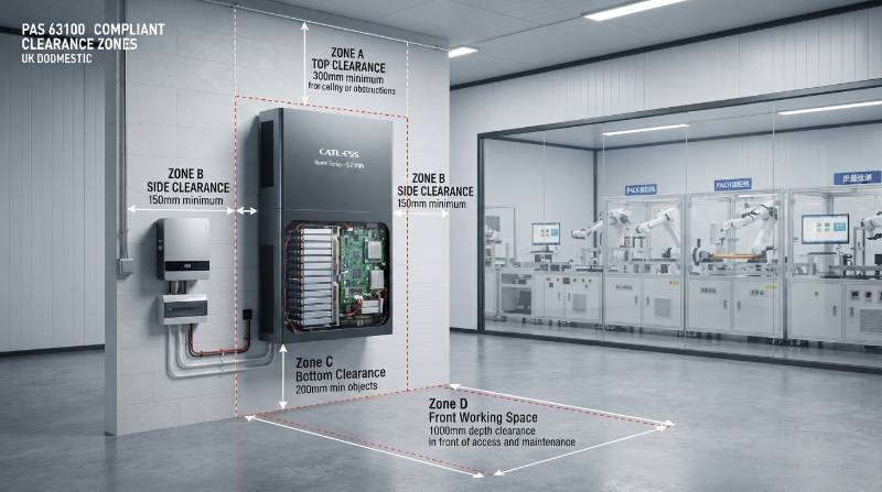 Technical architectural diagram showing PAS 63100 residential clearance zones for wall mounted battery in a UK domestic garage