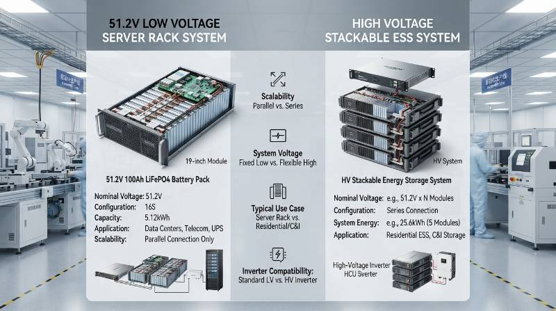 Technical comparison infographic showing 51.2V low voltage server rack battery versus high voltage stackable battery system