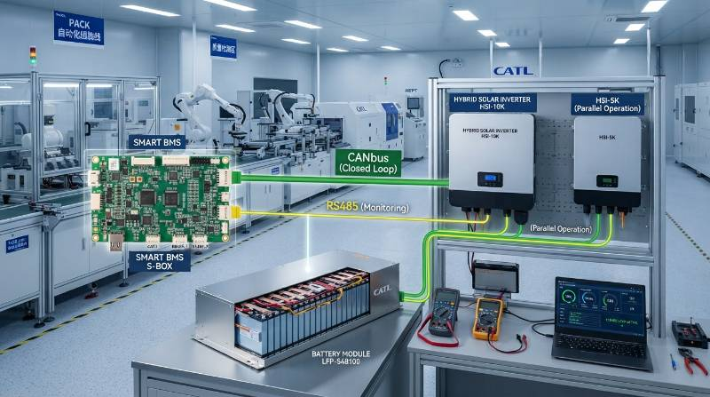 Diagram showing closed loop CANbus and RS485 communication protocols between smart BMS and hybrid solar inverters