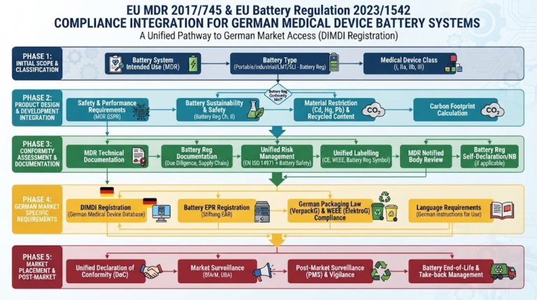 EU MDR 2017/745 and EU Battery Regulation 2023/1542 compliance integration flowchart for German medical device battery systems