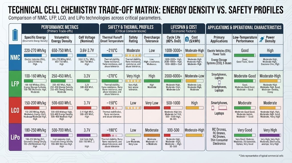 Technical cell chemistry trade-off matrix showing NMC vs LFP vs LCO vs LiPo energy density and safety profiles
