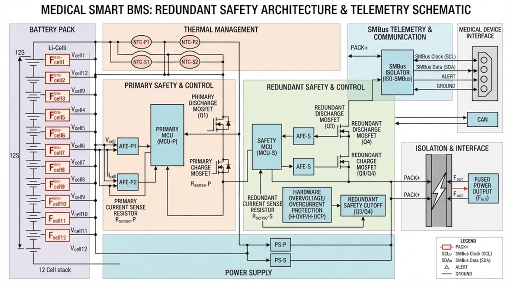 Medical Smart BMS electrical schematic highlighting redundant safety architecture, micro-fuses, and SMBus telemetry