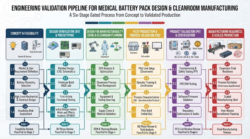Six stage engineering validation pipeline flowchart for medical battery pack design and cleanroom manufacturing