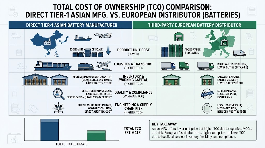 Total cost of ownership comparison diagram between direct tier-1 Asian manufacturing and third party European battery distributors