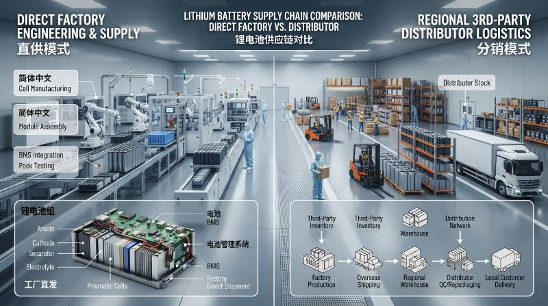 Industrial supply chain flowchart comparing direct lithium battery factory engineering vs regional third-party distributor logistics architecture