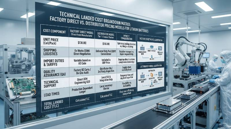 Detailed technical landed cost breakdown matrix table comparing lithium battery factory direct and distributor pricing models