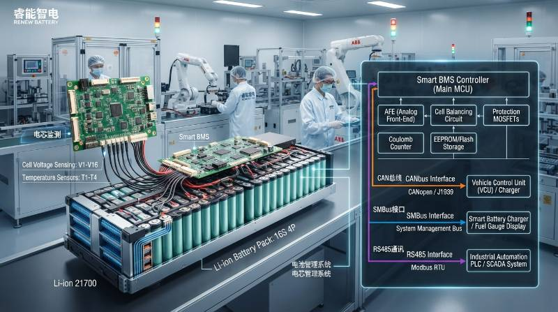 Smart BMS architecture schematic illustrating CANbus, SMBus, and RS485 communication protocols with multi-cell sensing