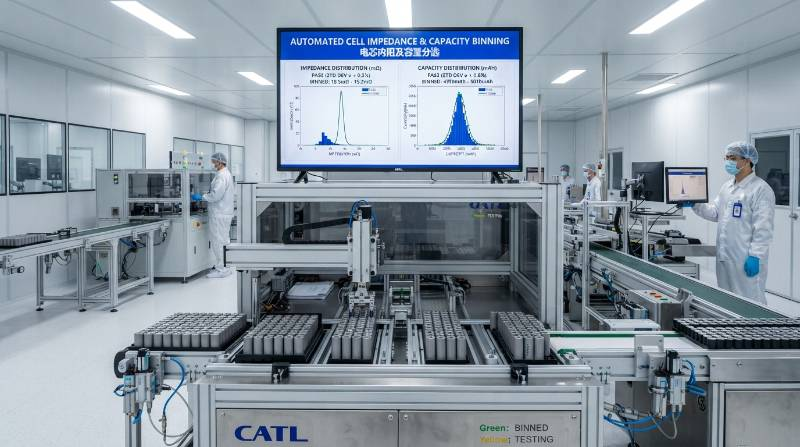 Cell impedance binning and capacity sorting distribution curves inside an automated cleanroom battery manufacturing facility