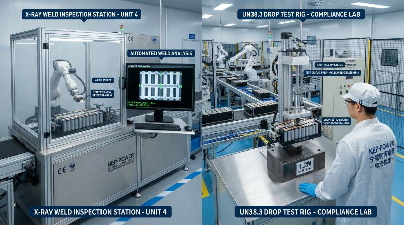  Automated industrial X-ray weld inspection and UN38.3 drop testing verification for dangerous goods certified lithium battery packaging