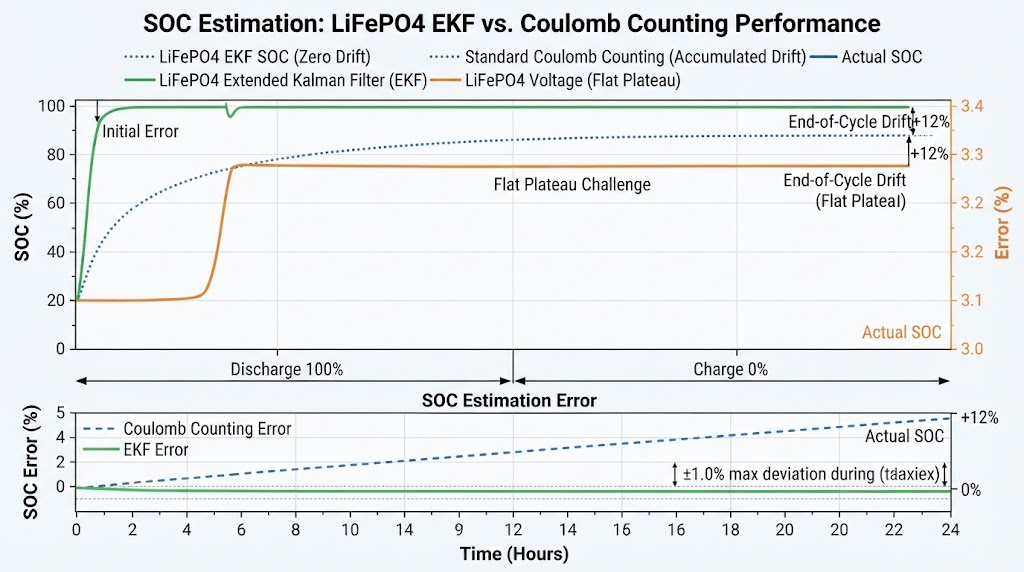 LiFePO4 Extended Kalman Filter SOC curve compared against standard Coulomb counting showing zero drift and flat plateau accuracy