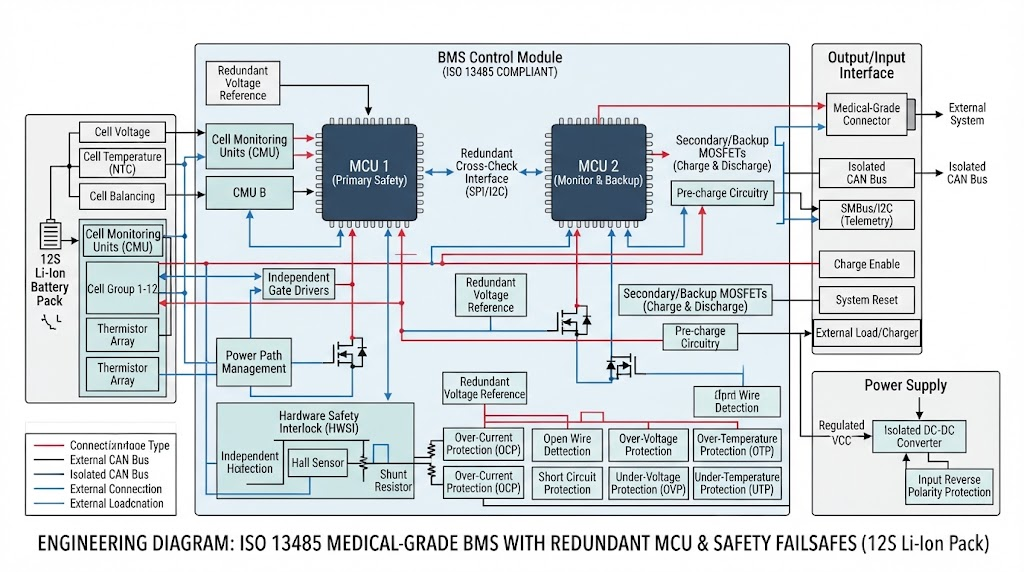 Engineering diagram of an ISO 13485 medical grade battery pack BMS featuring redundant microcontrollers and safety failsafes