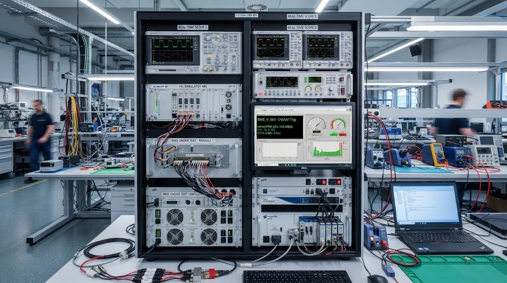 Automated Hardware-in-the-Loop BMS validation rack with simulated cell voltages and real-time oscilloscopes in an industrial lab