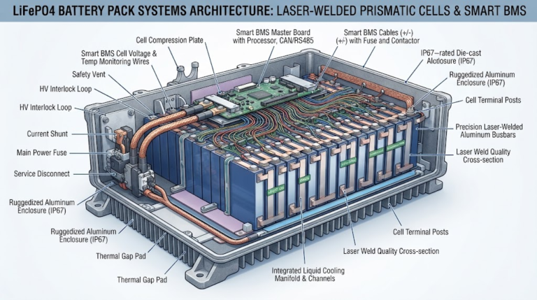 LiFePO4 battery pack systems internal architecture showing laser-welded prismatic cells, smart BMS wiring, and ruggedized aluminum enclosure