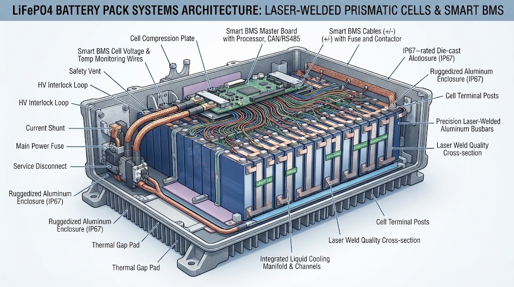LiFePO4 battery pack systems internal architecture showing laser-welded prismatic cells, smart BMS wiring, and ruggedized aluminum enclosure