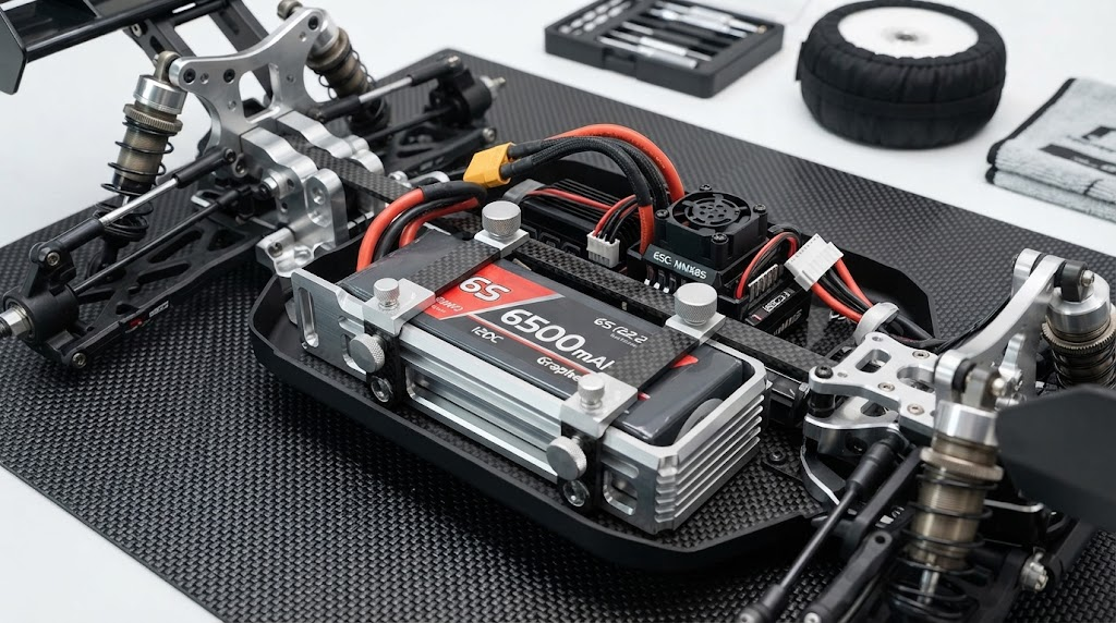 High performance RC vehicle chassis battery bay