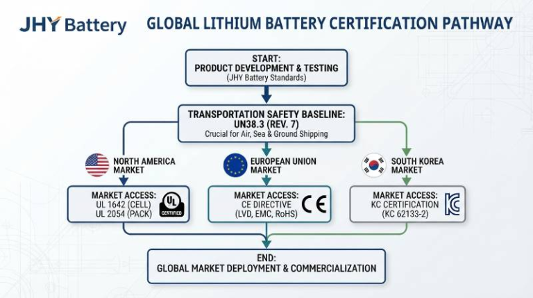 Global lithium battery certification flowchart showing UN38.3 transport baseline branching to UL for North America, CE for Europe, and KC for South Korea, clean vector technical diagram on white background labeled JHY Battery