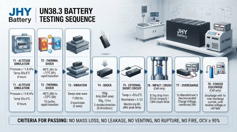 Eight-stage UN38.3 testing sequence diagram labeled T1 to T8 showing altitude, thermal shock, vibration, drop, short circuit, crush, overcharge, forced discharge in clean technical style with JHY Battery logo,