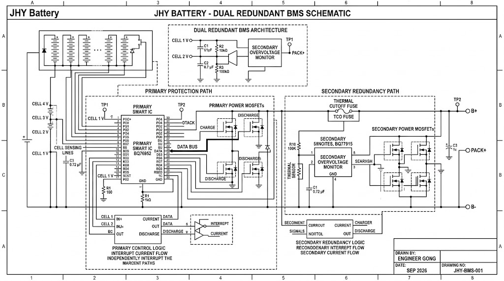 Electronic schematic diagram showing dual redundant BMS architecture with primary smart IC, secondary overvoltage monitor, power MOSFETs, and thermal cutoff fuse labeled JHY Battery, clean technical blueprint