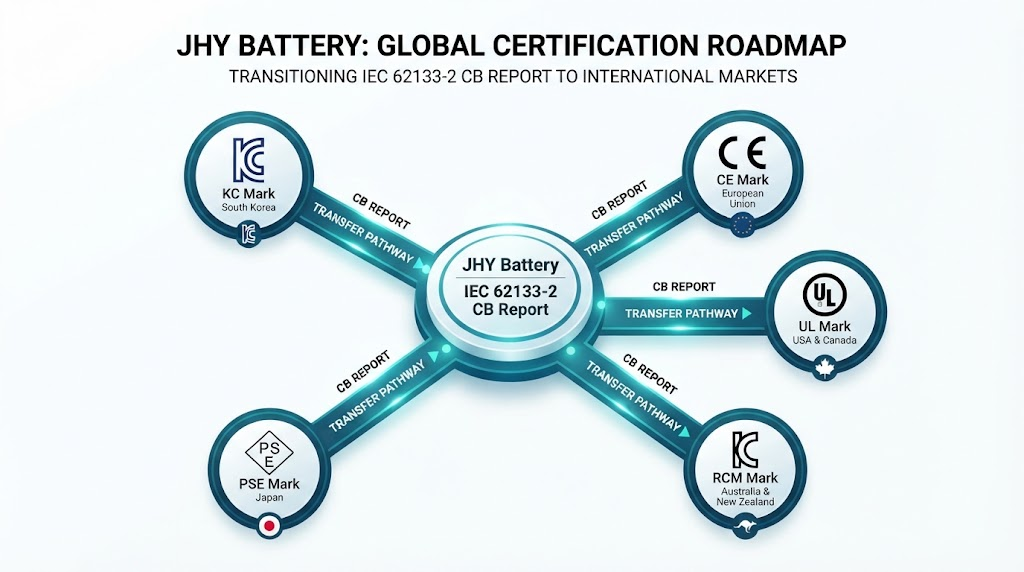 Roadmap graphic showing central IEC 62133-2 CB report branching outward to transfer into KC, CE, PSE, RCM, and UL marks, labeled JHY Battery