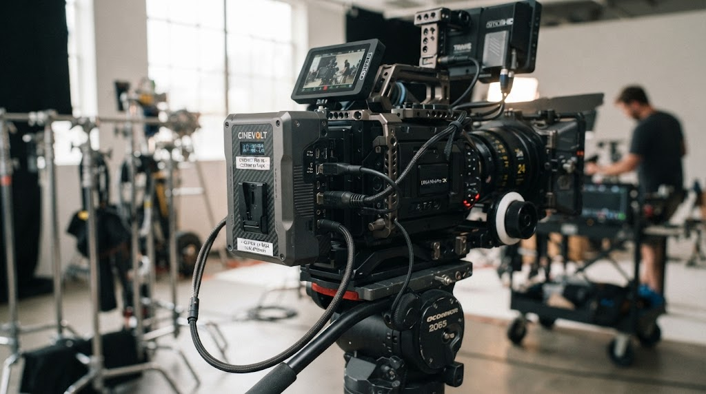 Custom AV lithium battery pack connected to cinema camera rig