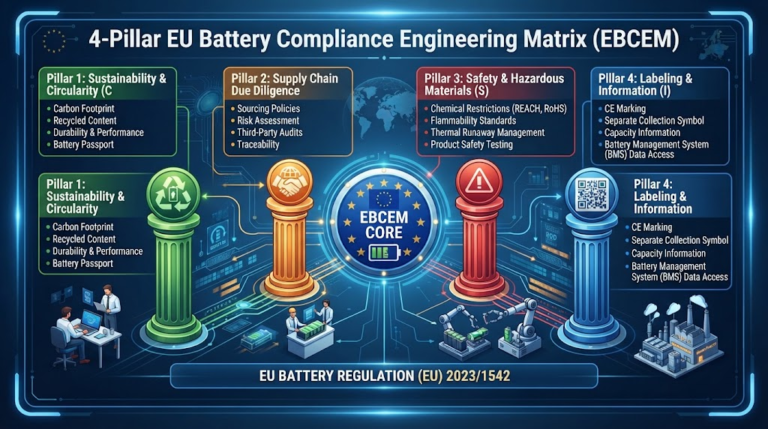 The 4-Pillar EU Battery Compliance Engineering Matrix (EBCEM) architecture