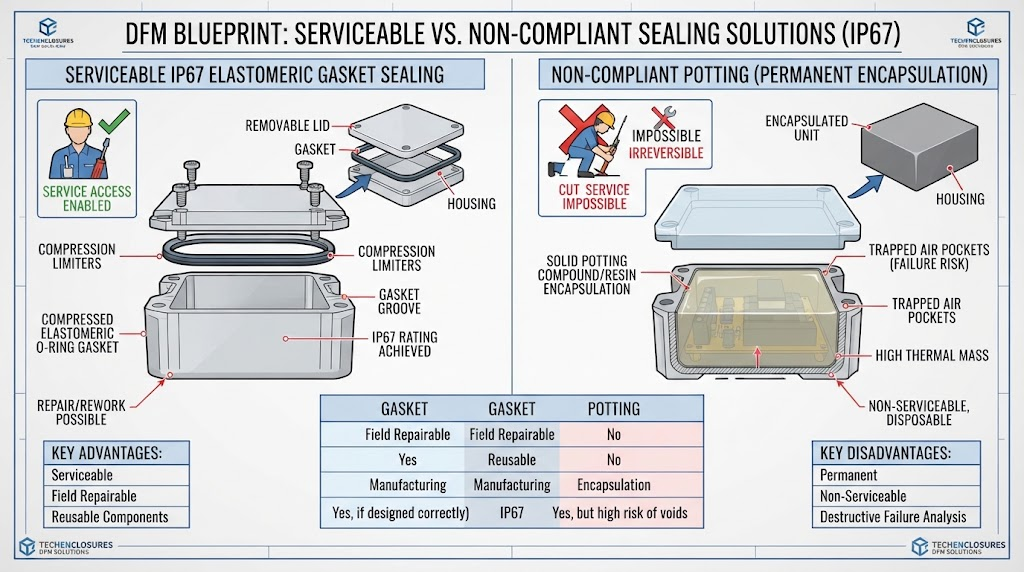 DFM blueprint illustrating serviceable IP67 elastomeric gasket sealing versus non-compliant potting