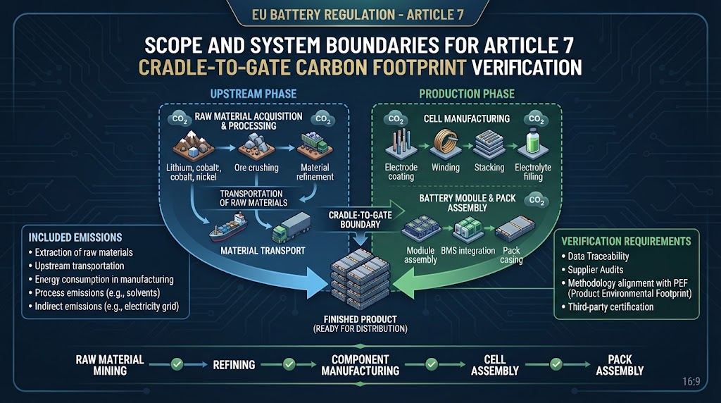 Scope and system boundaries for Article 7 cradle-to-gate carbon footprint verification.