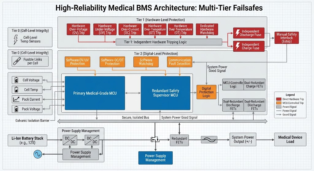 High-reliability medical BMS hardware block diagram with multi-tier digital and hardware-level failsafes.