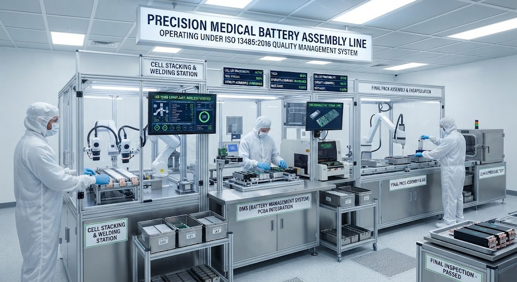 Precision medical battery assembly line operating under ISO 13485 quality management standards.