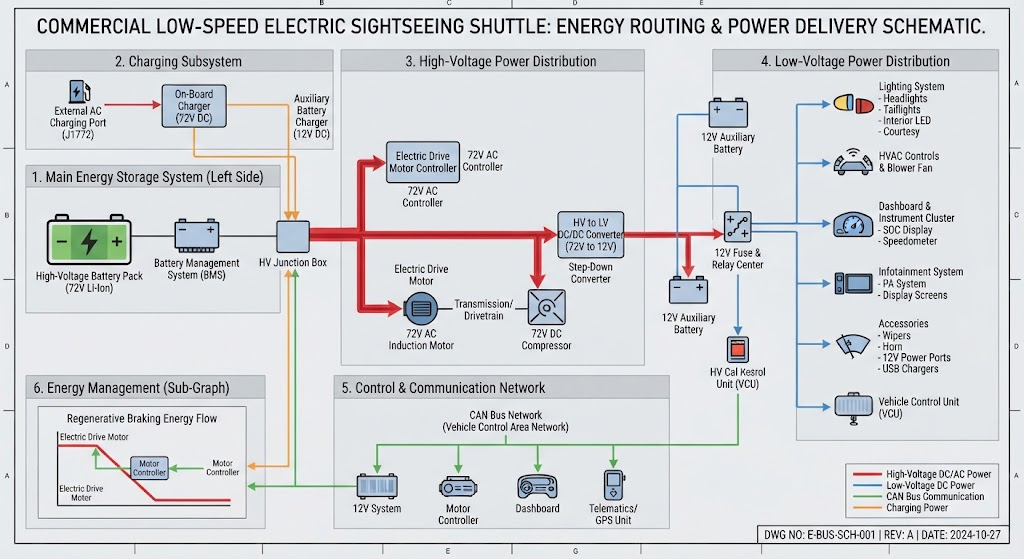 Energy routing and power delivery schematic for commercial low-speed electric sightseeing shuttles.