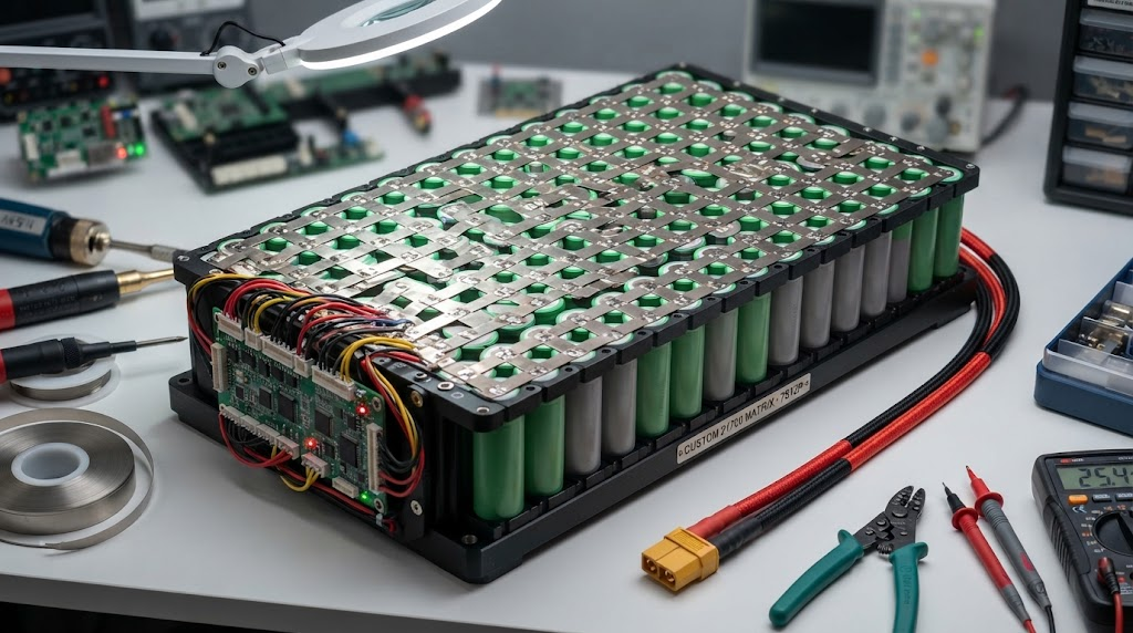  Cylindrical 21700 lithium cells welded in custom battery matrix