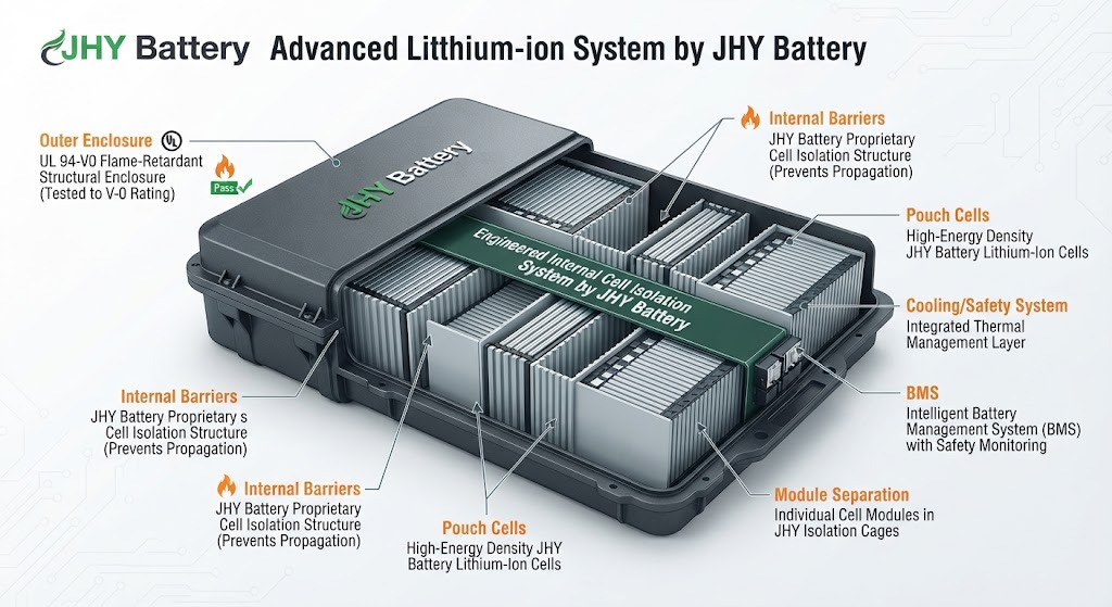 UL 94-V0 flame-retardant structural enclosure and internal cell isolation engineered by JHY Battery.