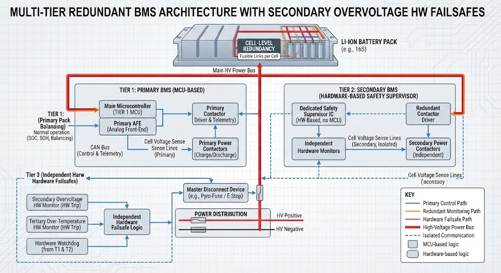 Multi-tier redundant BMS architecture with secondary overvoltage hardware failsafes.