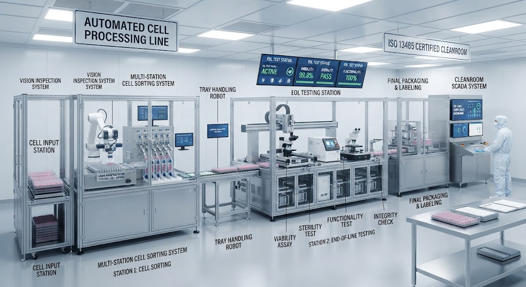 Automated multi-station cell sorting and End-of-Line testing under ISO 13485 cleanroom controls