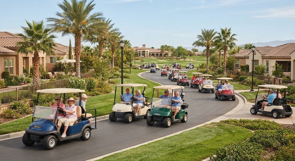 Electric golf carts dominate master-planned retirement communities, providing safe, quiet transit.