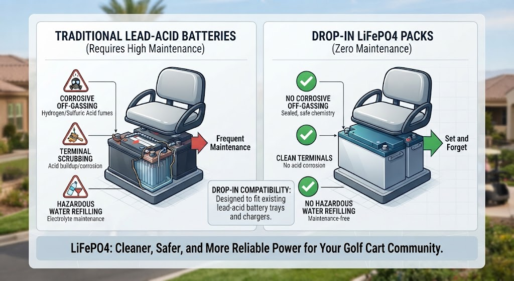 Drop-in LiFePO4 packs eliminate corrosive off-gassing, terminal scrubbing, and hazardous water refilling.